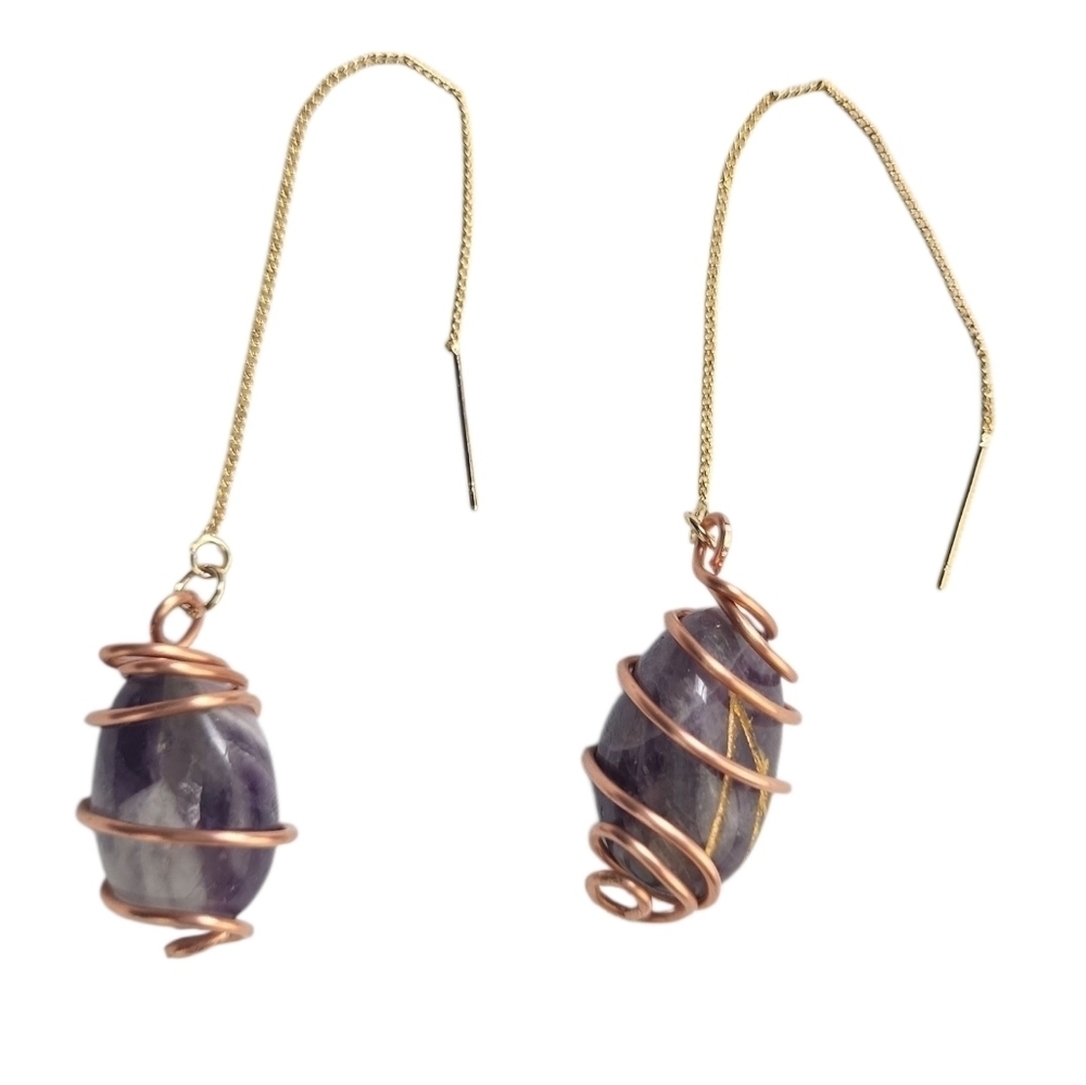 18K Gold Plated Amethyst Threader Earrings Dainty Crystal Drop Jewelry - Picture 3 of 3
